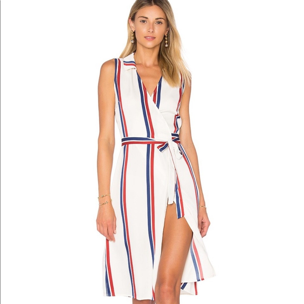L'ACADEMIE The Sleeveless Wrap Midi in Navy & Red Stripe M